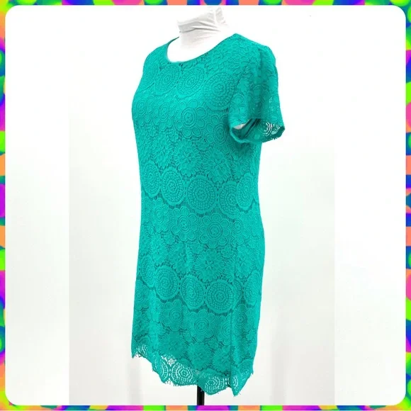 LAUNDRY Spring Green Crochet Lace Floral Medallion Overlay Shift Dress Size 14 - Picture 7 of 13